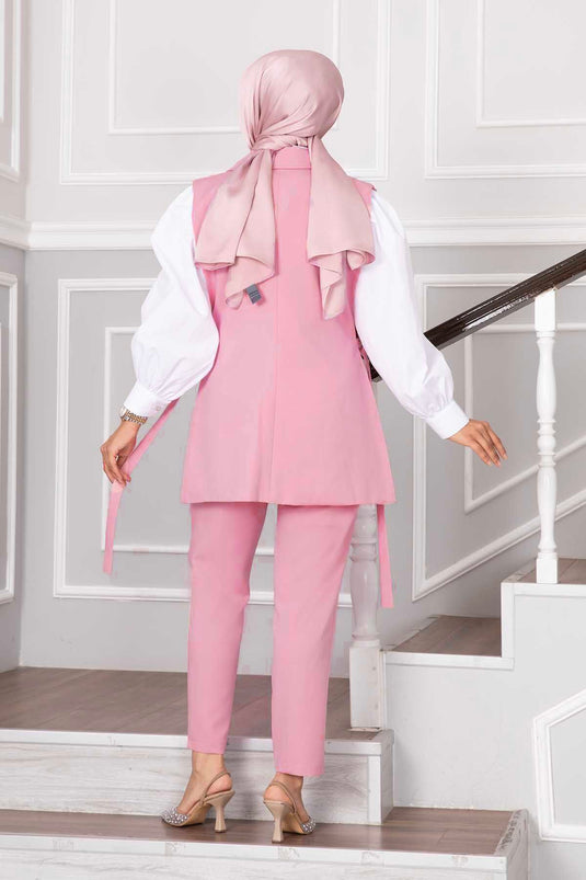 Yelekli Tesettür İkili Takım Pudra