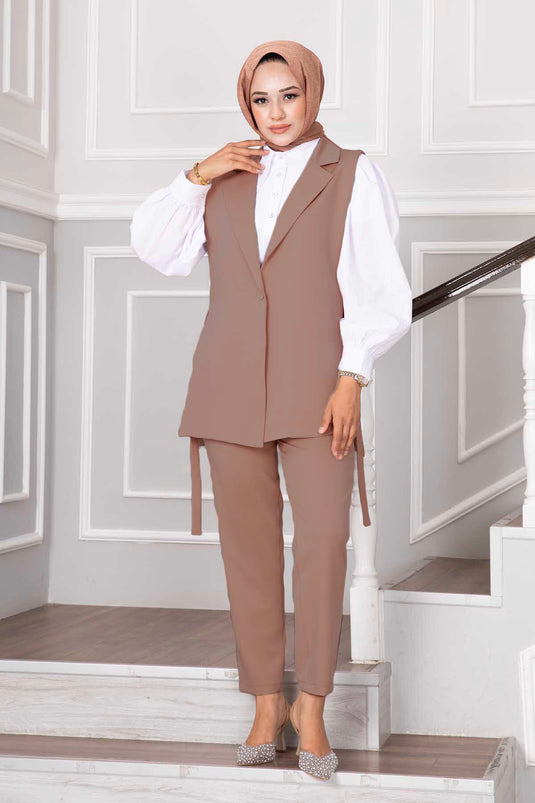 Yelekli İkili Tesettür Takım Camel