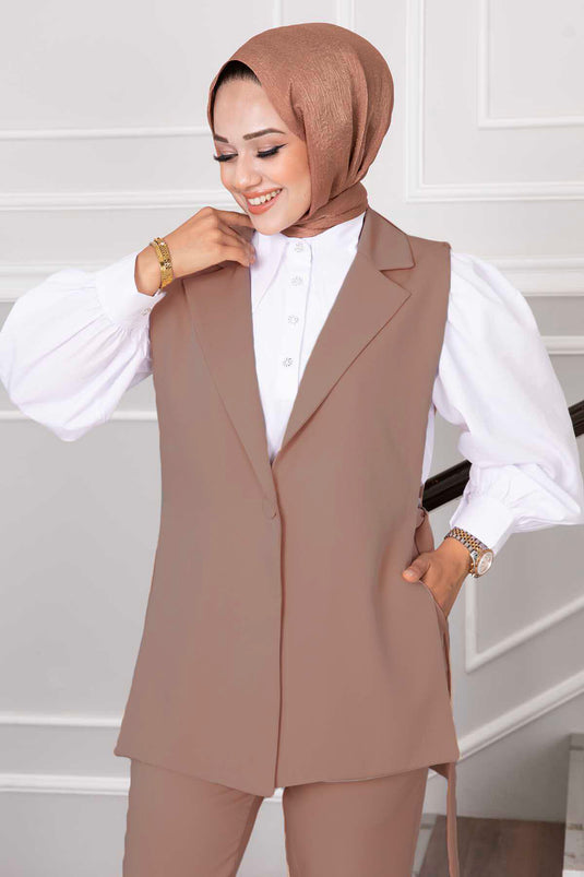 Yelekli İkili Tesettür Takım Camel