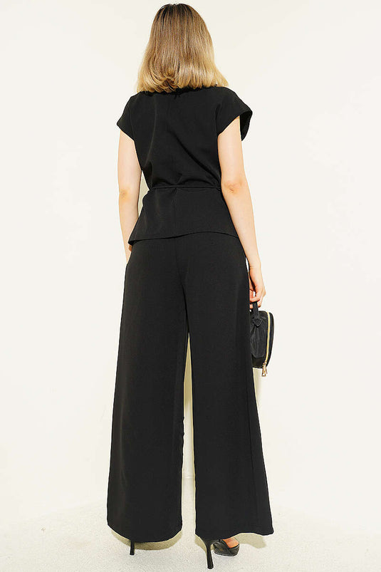 Ensemble Deux Pièces Noir avec Ceinture Cordon et Gilet