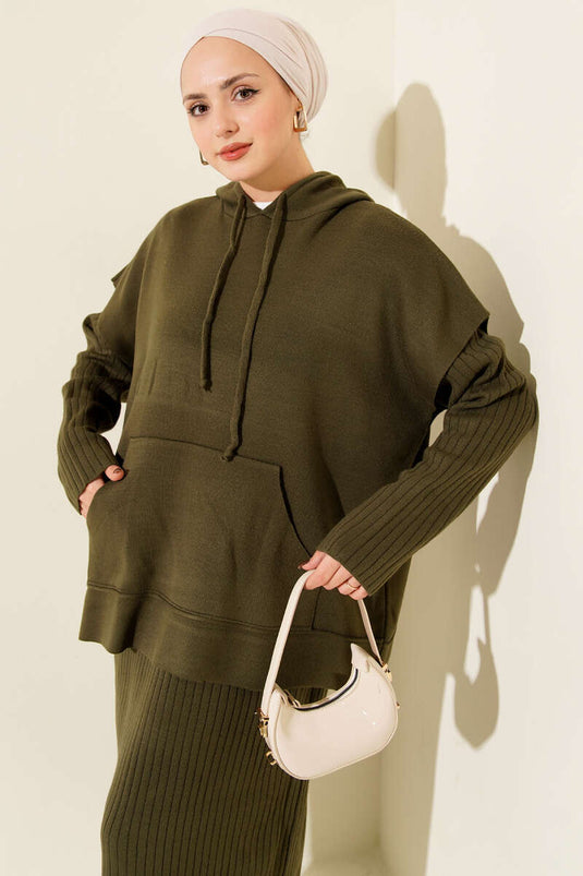 Yelekli Jile Elbise Triko İkili Takım Haki