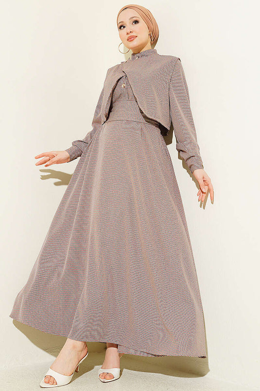Dress with Vest, Checkered Pattern, Belted, Brown