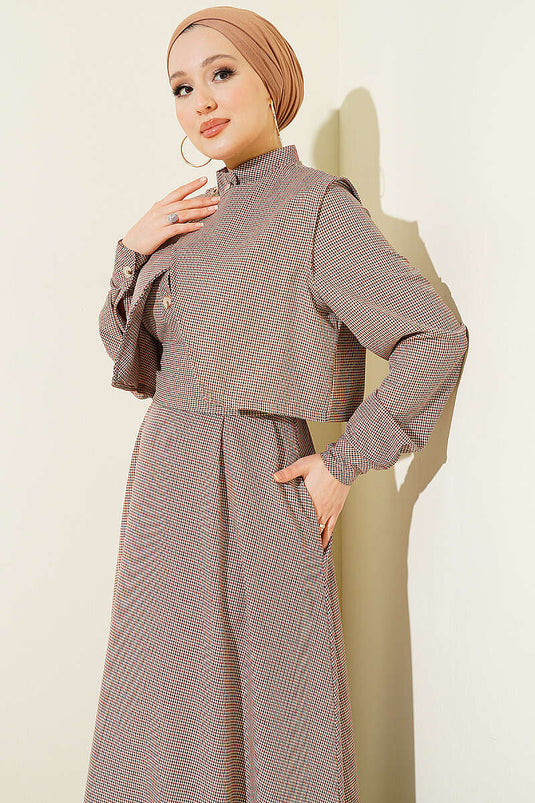 Dress with Vest, Checkered Pattern, Belted, Brown