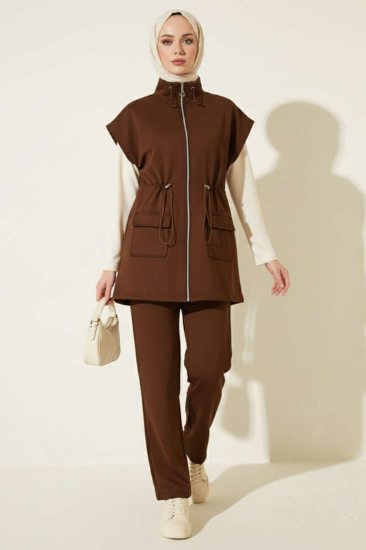 Belted Scuba Two-Piece Set In Coffee