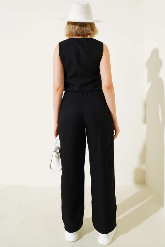 Yelekli Tahta Düğmeli İkili Takım Siyah