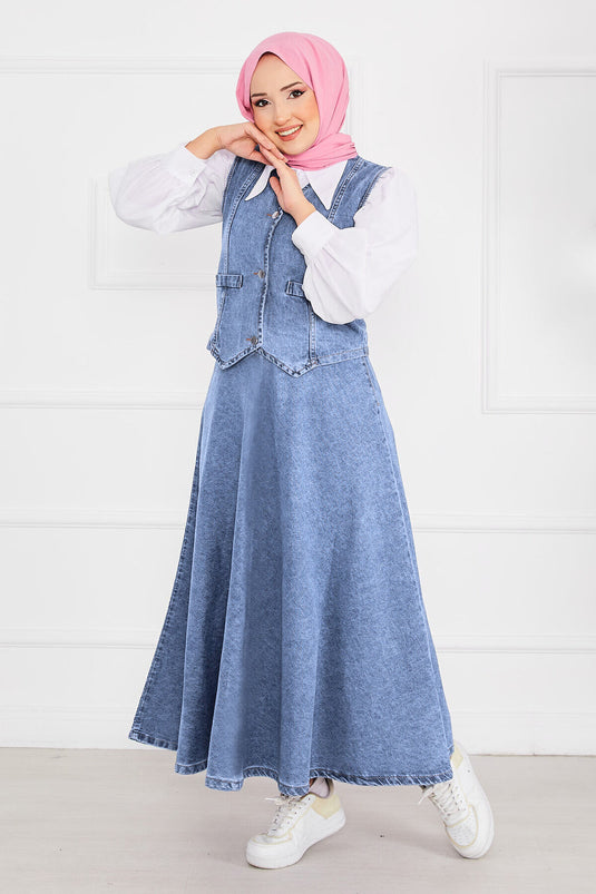 Vest and Skirt Hijab Denim Suit Light Blue