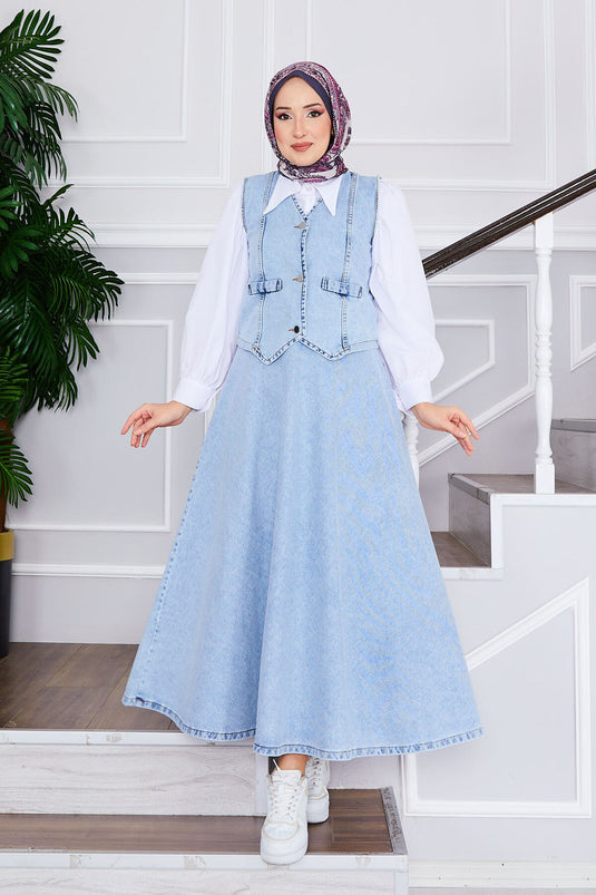 Weste und Rock Hijab Denim Anzug Snow Wash