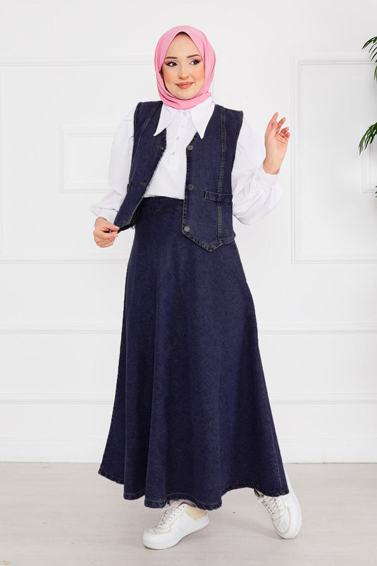 Ensemble hijab en jean avec gilet et jupe bleu marine foncé