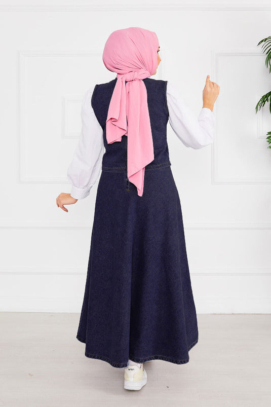 بدلة جينز للحجاب مع سترة وتنورة باللون الأزرق الداكن