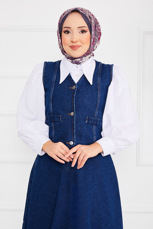 Traje vaquero con chaleco y falda y hijab en color azul marino