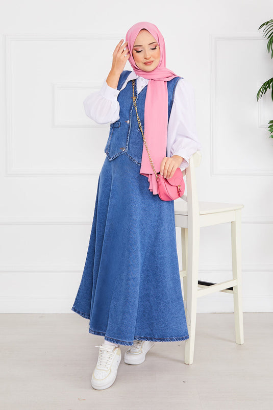 Ensemble Hijab en jean avec gilet et jupe bleu