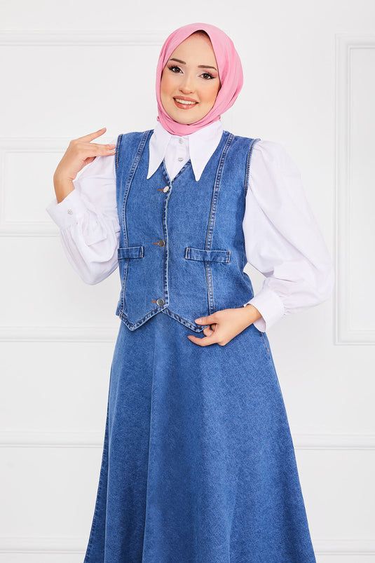 Ensemble Hijab en jean avec gilet et jupe bleu