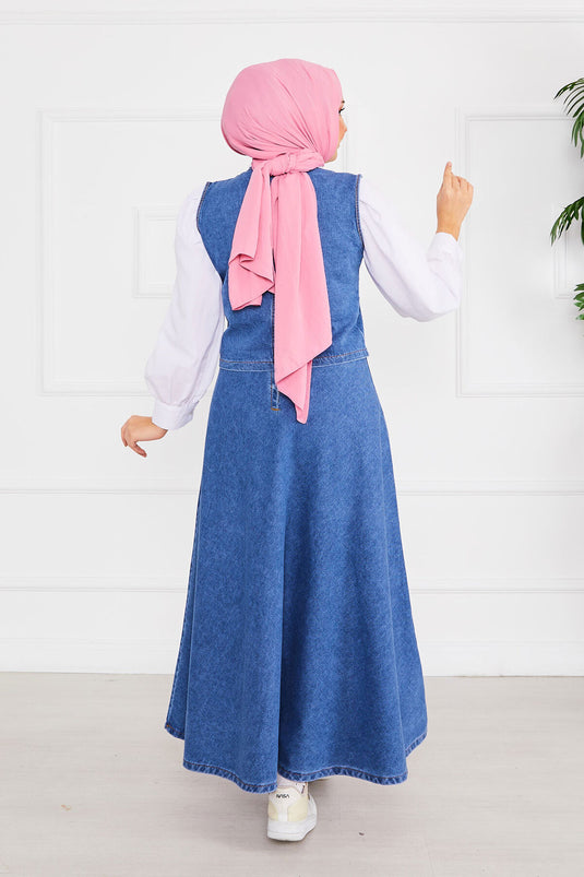 Ensemble Hijab en jean avec gilet et jupe bleu