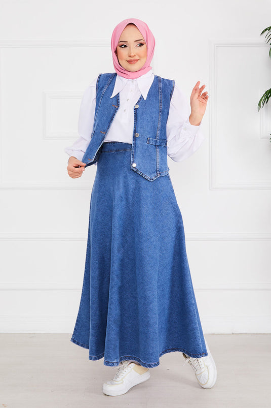 Ensemble Hijab en jean avec gilet et jupe bleu