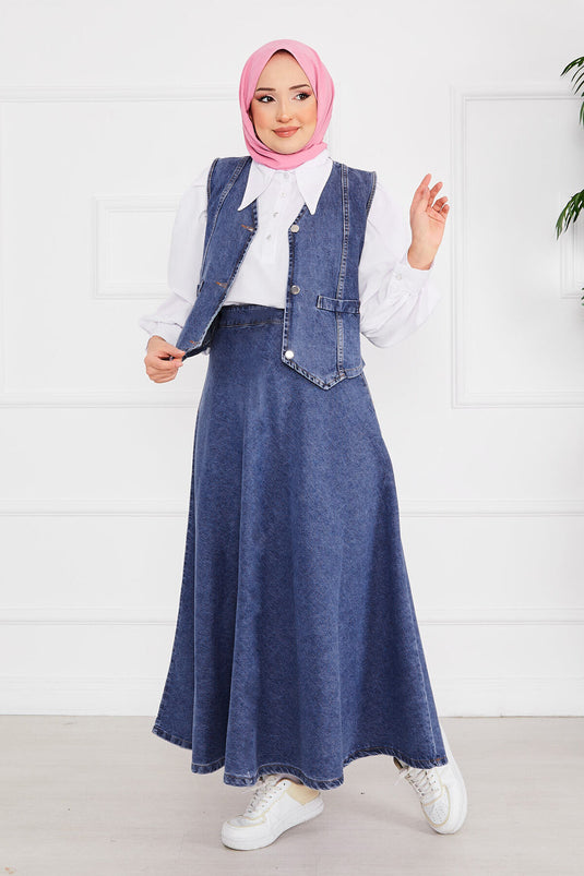 Yelekli ve Etekli Tesettür Kot Takım Mavi