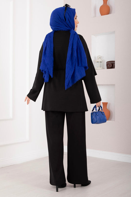 طقم ثنائي محتشم بتصميم درابي مزين بنجمة باللون الأسود