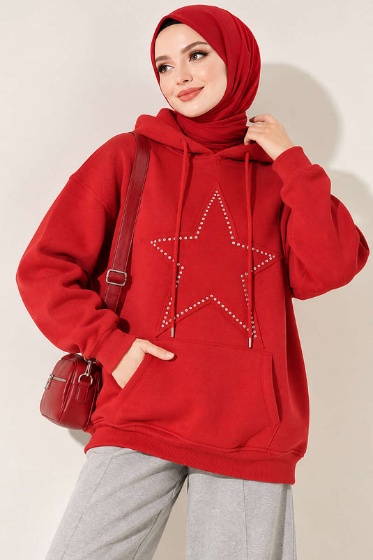 Yıldız Armalı Üç İplik Sweatshirt Kırmızı