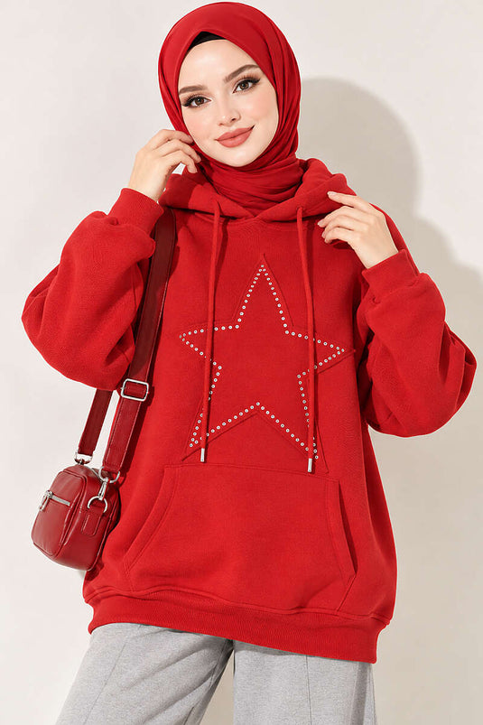 Yıldız Armalı Üç İplik Sweatshirt Kırmızı