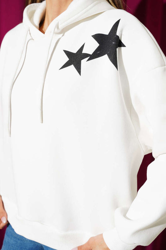 Fleece hoodie met sterrenprint, ecru