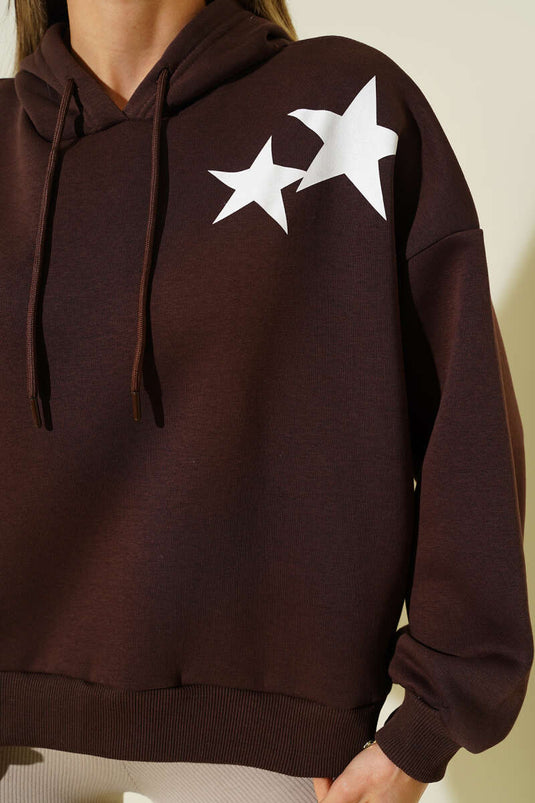 Fleece hoodie met sterrenprint, bruin