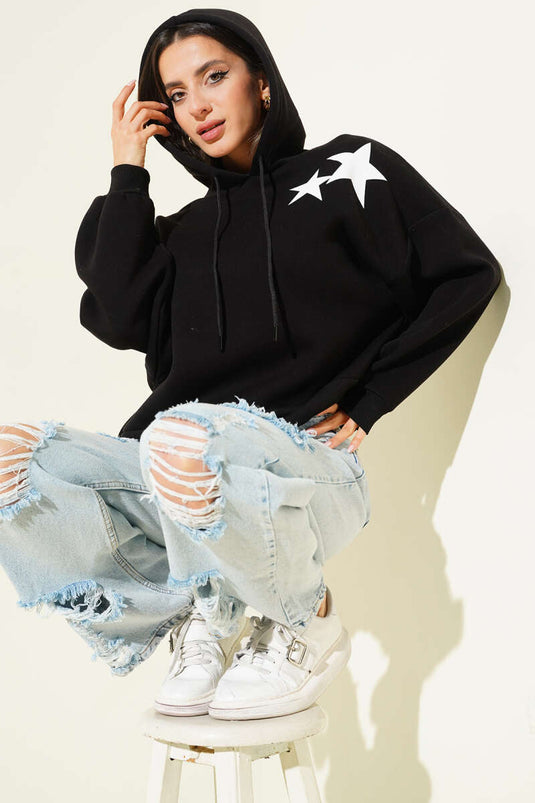 Felpa con cappuccio in pile con stampa a stelle, nera