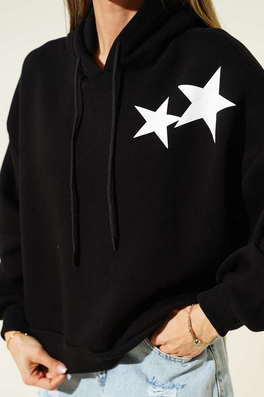 Felpa con cappuccio in pile con stampa a stelle, nera