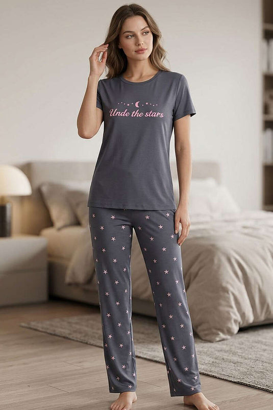 Ensemble pyjama gris à manches courtes avec imprimé étoile