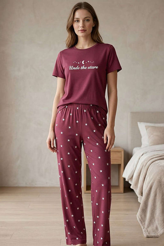Ensemble pyjama à manches courtes imprimé étoiles couleur vieux rose