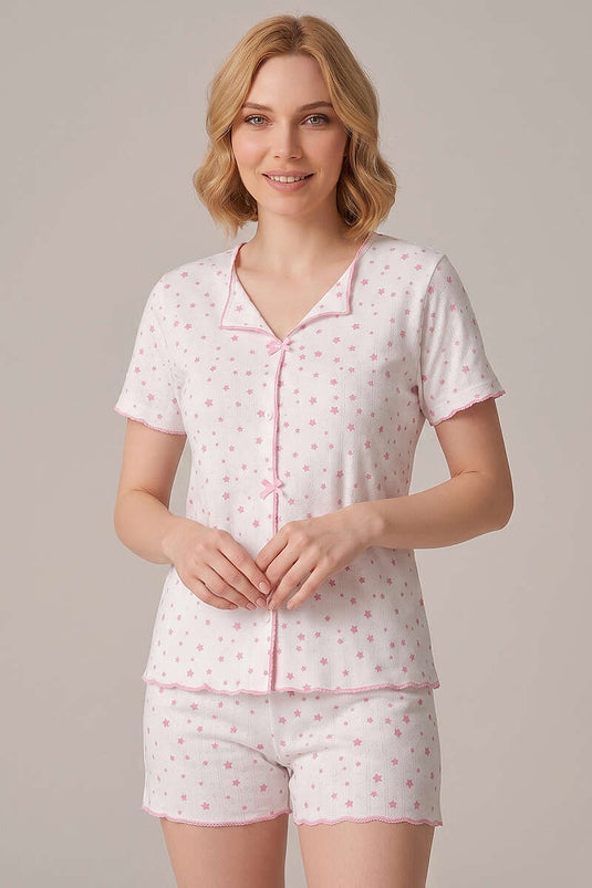 Yıldız Baskılı Kısa Kol Şortlu Pijama Takımı Pembe
