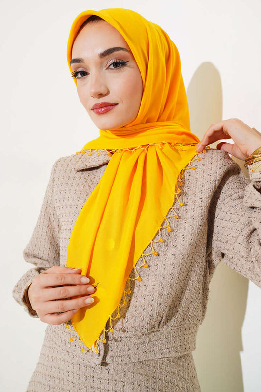 Yıldız Boncuklu Yazma Eşarp Hardal