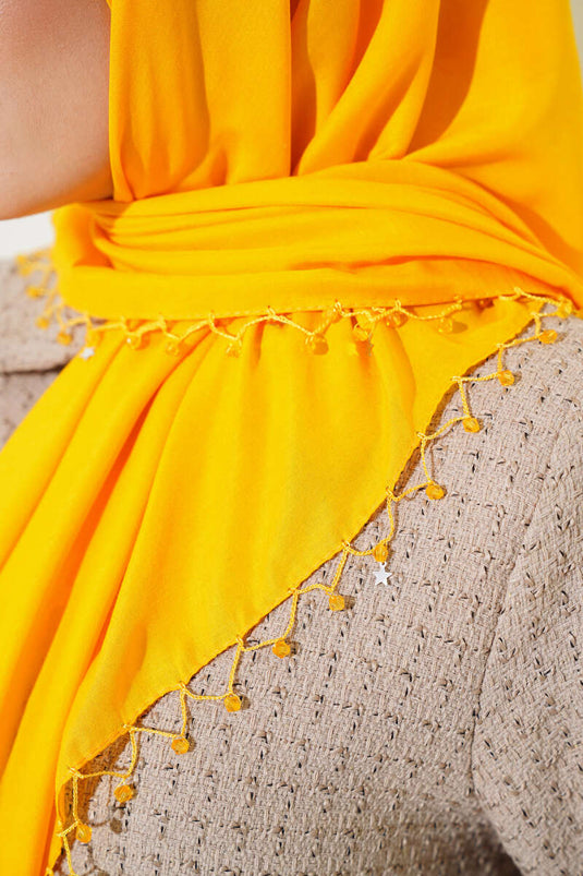 Yıldız Boncuklu Yazma Eşarp Hardal