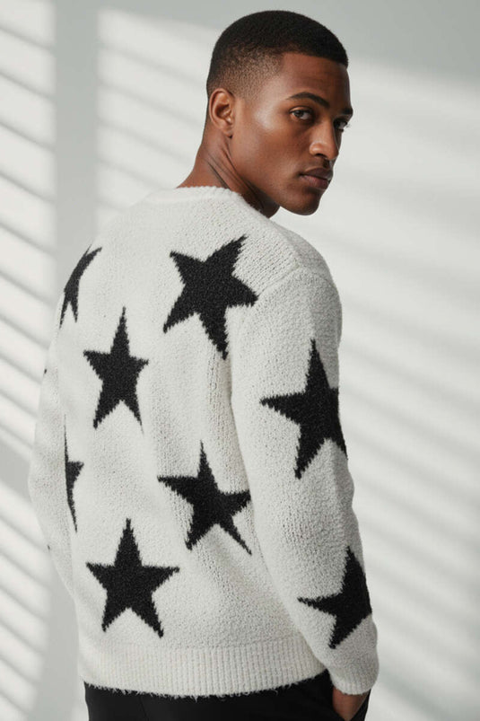 Star Pattern Knitted Men's Sweater Bone