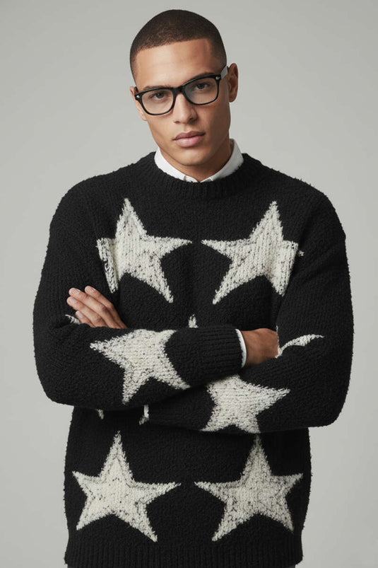 Star Pattern Knitted Men's Sweater, Black