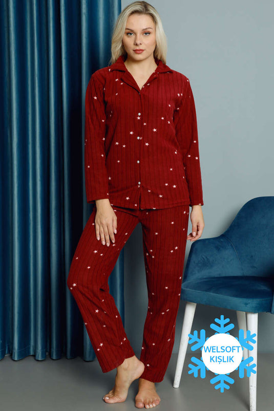 Yıldız Desenli Welsoft Kışlık Pijama Takımı Bordo