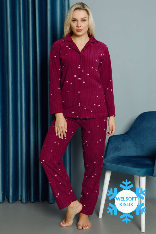 Yıldız Desenli Welsoft Kışlık Pijama Takımı Fuşya