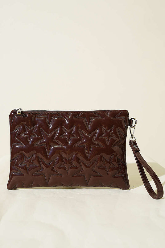 Sac zippé à couture étoile en cuir verni marron