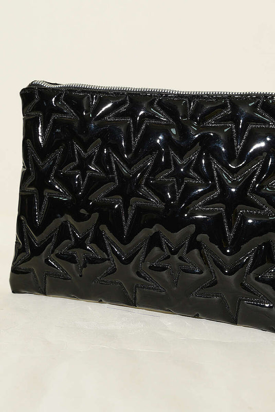 Sac zippé à couture étoile en cuir verni noir