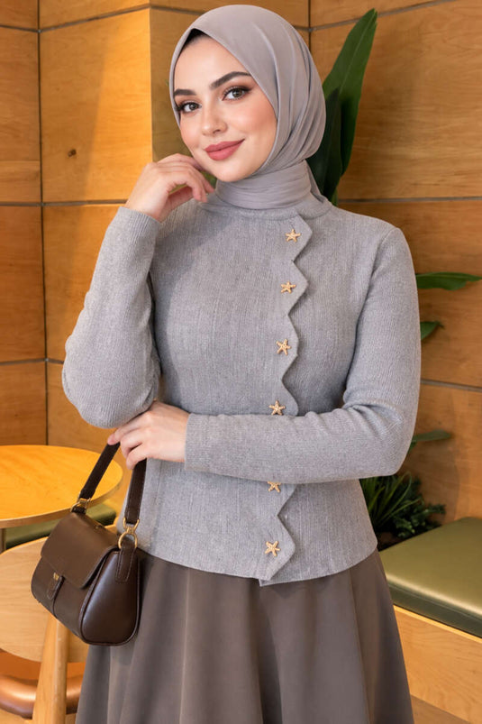 Star Buttoned Knit Cardigan Grey