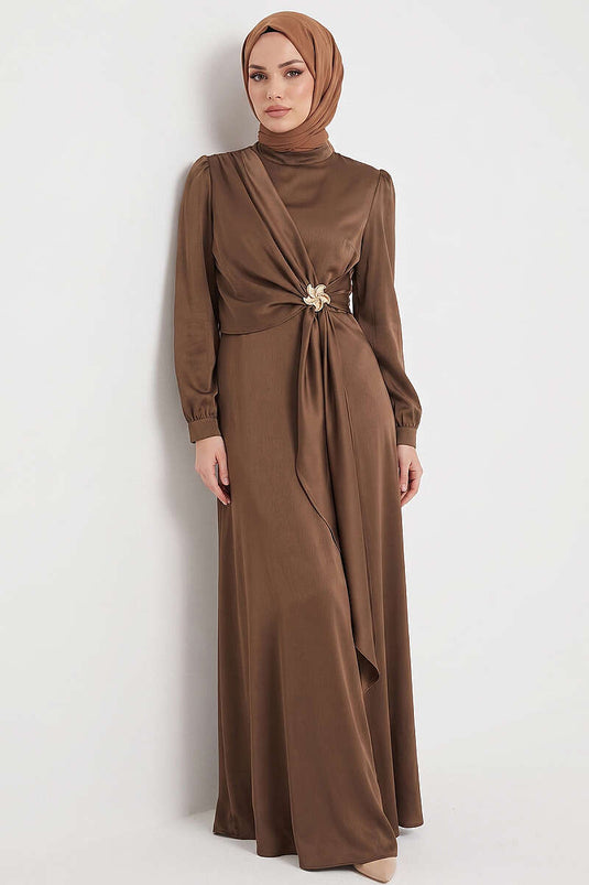 Star Gold Clip Detailed Satin Evening Dress Brown