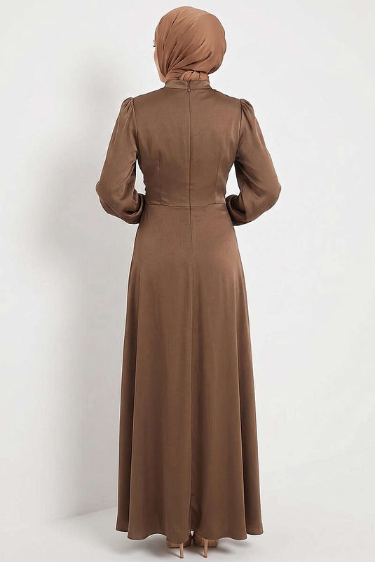 Star Gold Clip Detailed Satin Evening Dress Brown