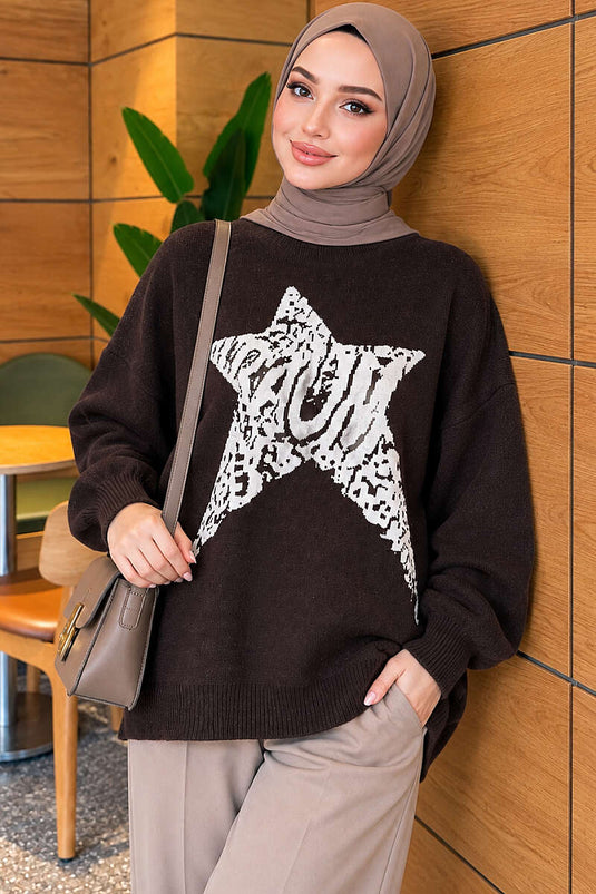 Kaffeefarbener Strickpullover Mit Sternstickerei