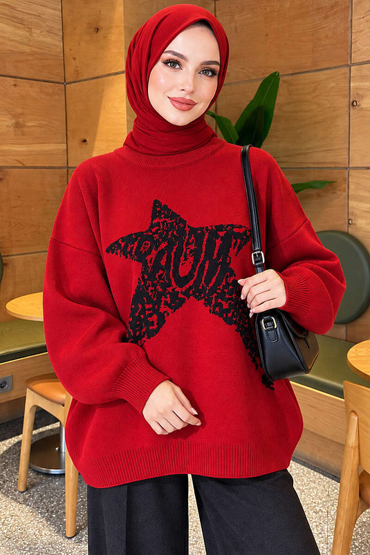 Roter Stern Besticktes Strickpullover