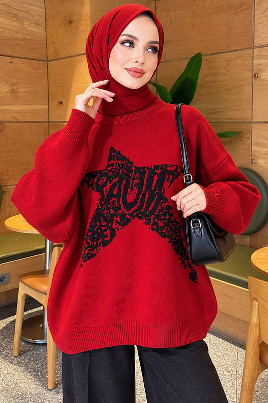 Roter Stern Besticktes Strickpullover