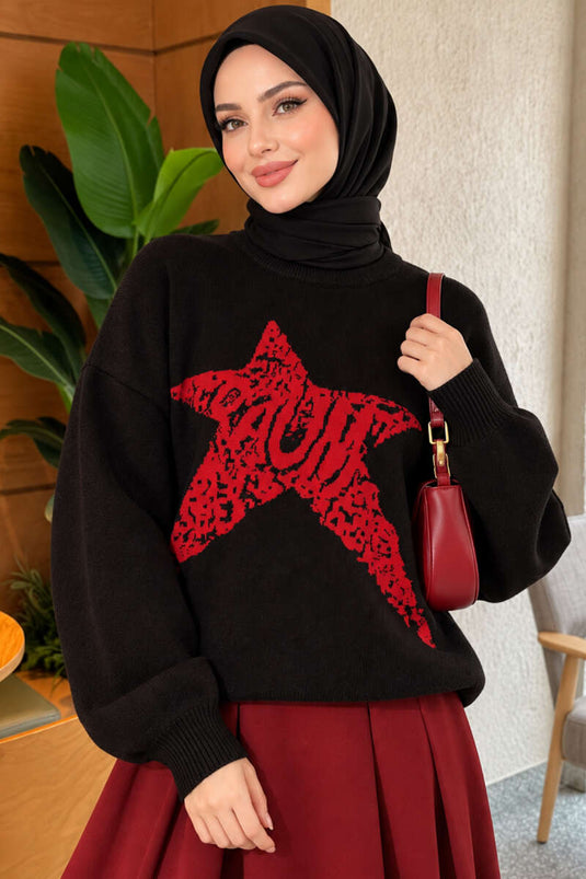 Schwarzer Strickpullover Mit Sternstickerei
