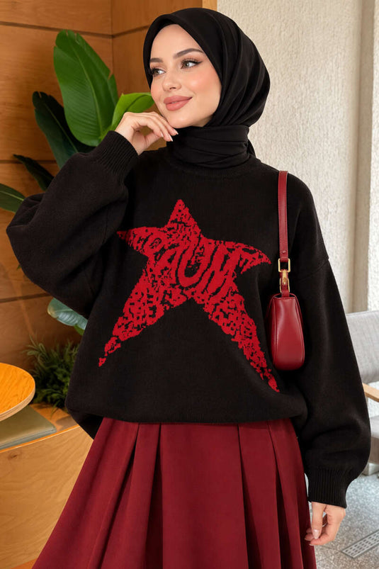 Schwarzer Strickpullover Mit Sternstickerei
