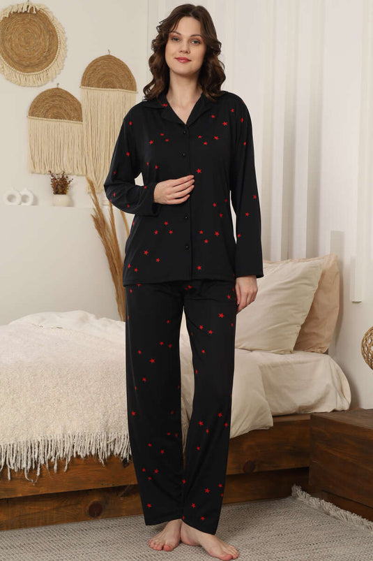 طقم بيجامة بياقة متقاطعة مزين بالنجوم باللون الأسود