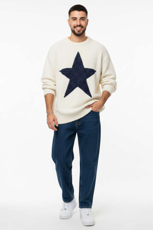 Yıldızlı Örgü Triko Erkek Kazak Krem
