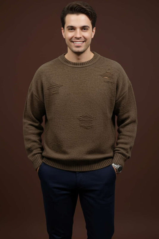 Yıpratma Detaylı Triko Erkek Kazak Kahve