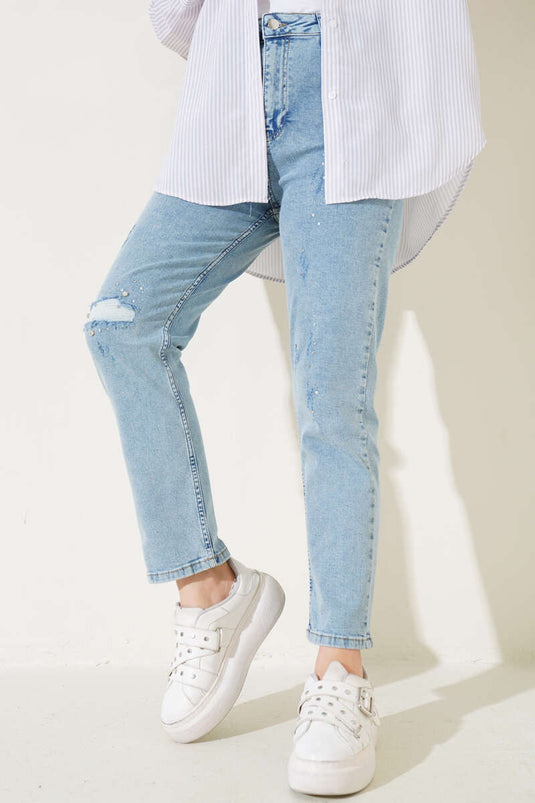 Ripped Detailed Stoned Skinny Leg Jeans Denim Blue