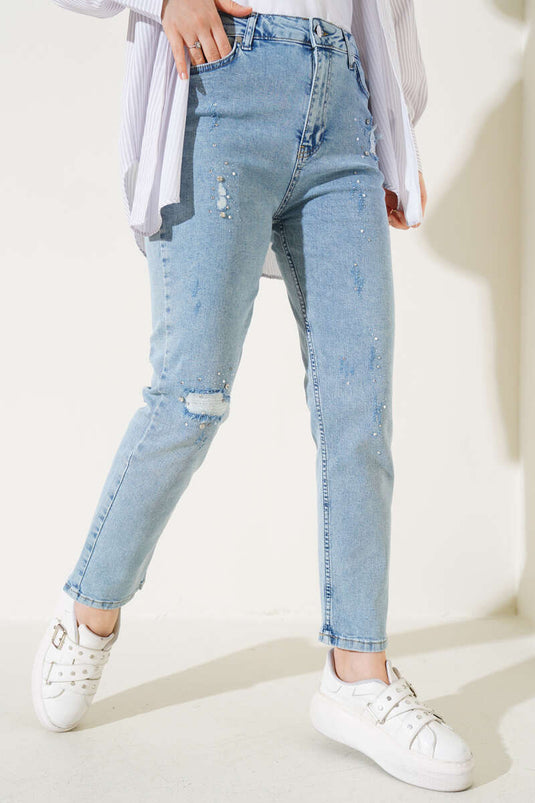 Ripped Detailed Stoned Skinny Leg Jeans Denim Blue